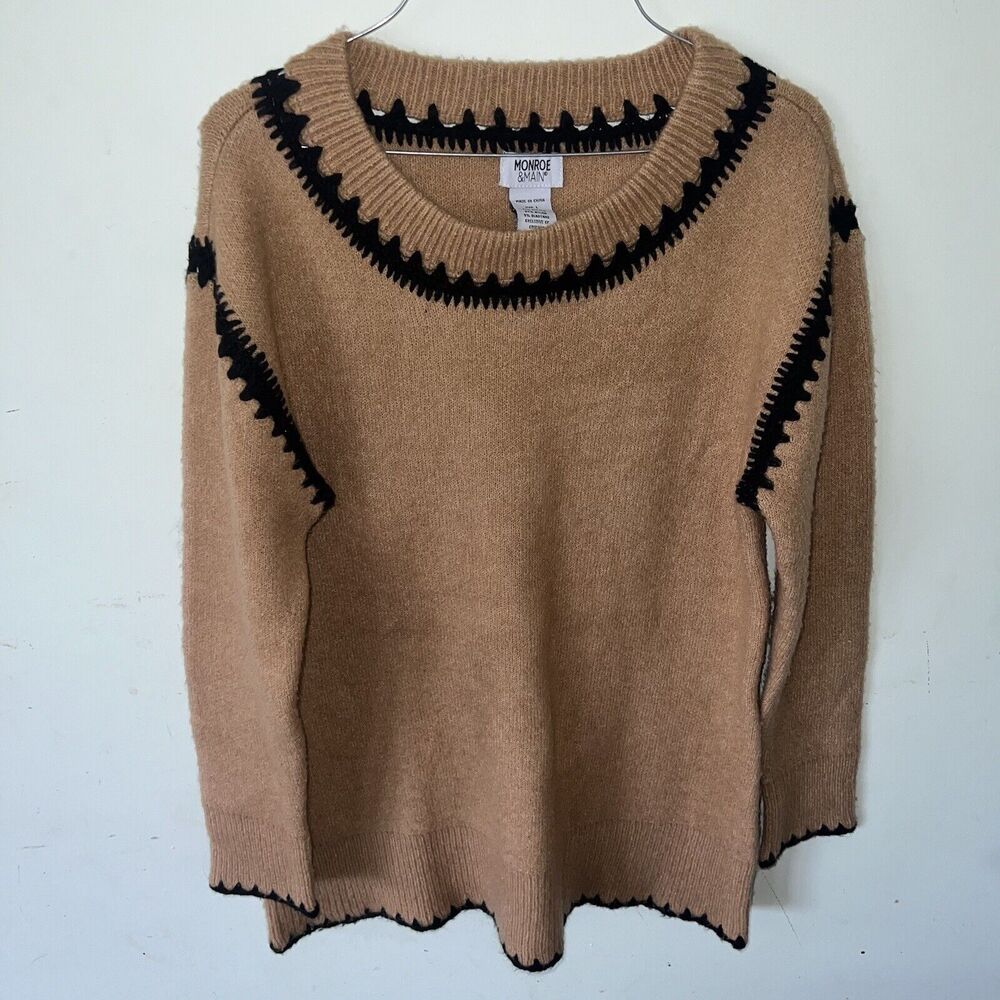Monroe and Main Warm Winter Crochet Trim Sweater Size Large Brown & Black